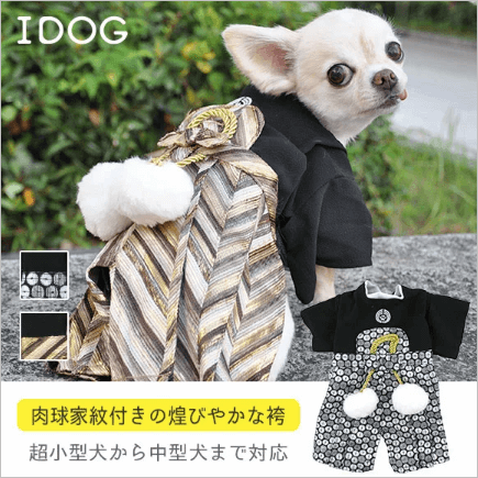 iDog 愛犬用袴 家紋付袴 アイドッグ家紋入り黒紋付きに煌びやかな袴